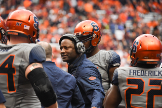Babers talks to his team on the sideline. The win over VT was the Orange's first win over a ranked opponent since SU beat Louisville in 2012. 