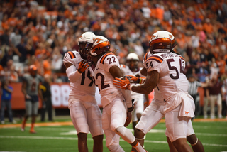 Edmunds and the Hokie defense celebrate. Syracuse struggled against Wake Forest's defense last week but racked up 561 total yards on Saturday. 